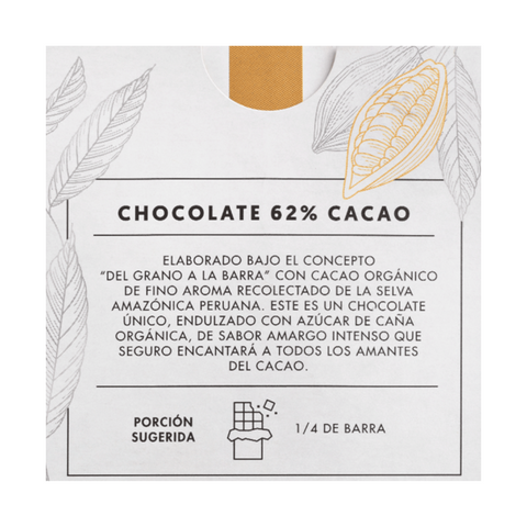 Barra de Chocolate 62% cacao orgánico 100 g