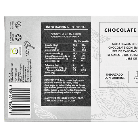 Barra de Chocolate sin azúcar orgánico 79% Cacao 100 gr