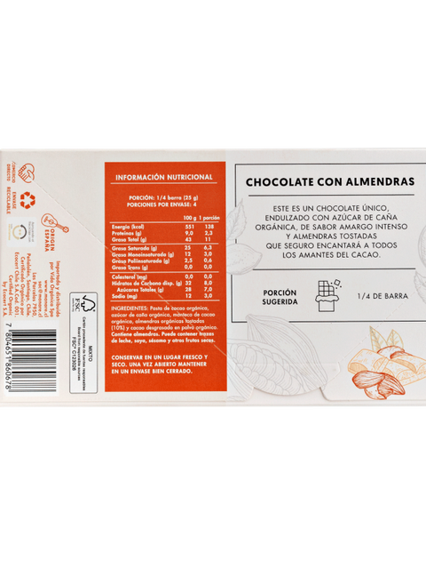 Chocolate con Almendras Orgánico 70% 100 gr