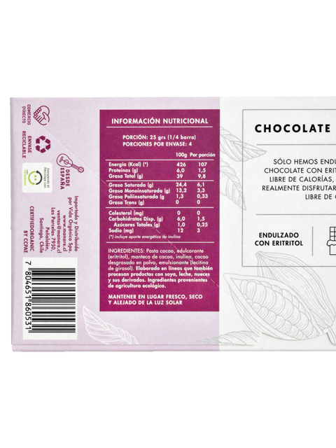Barra de Chocolate sin azúcar orgánico 62%